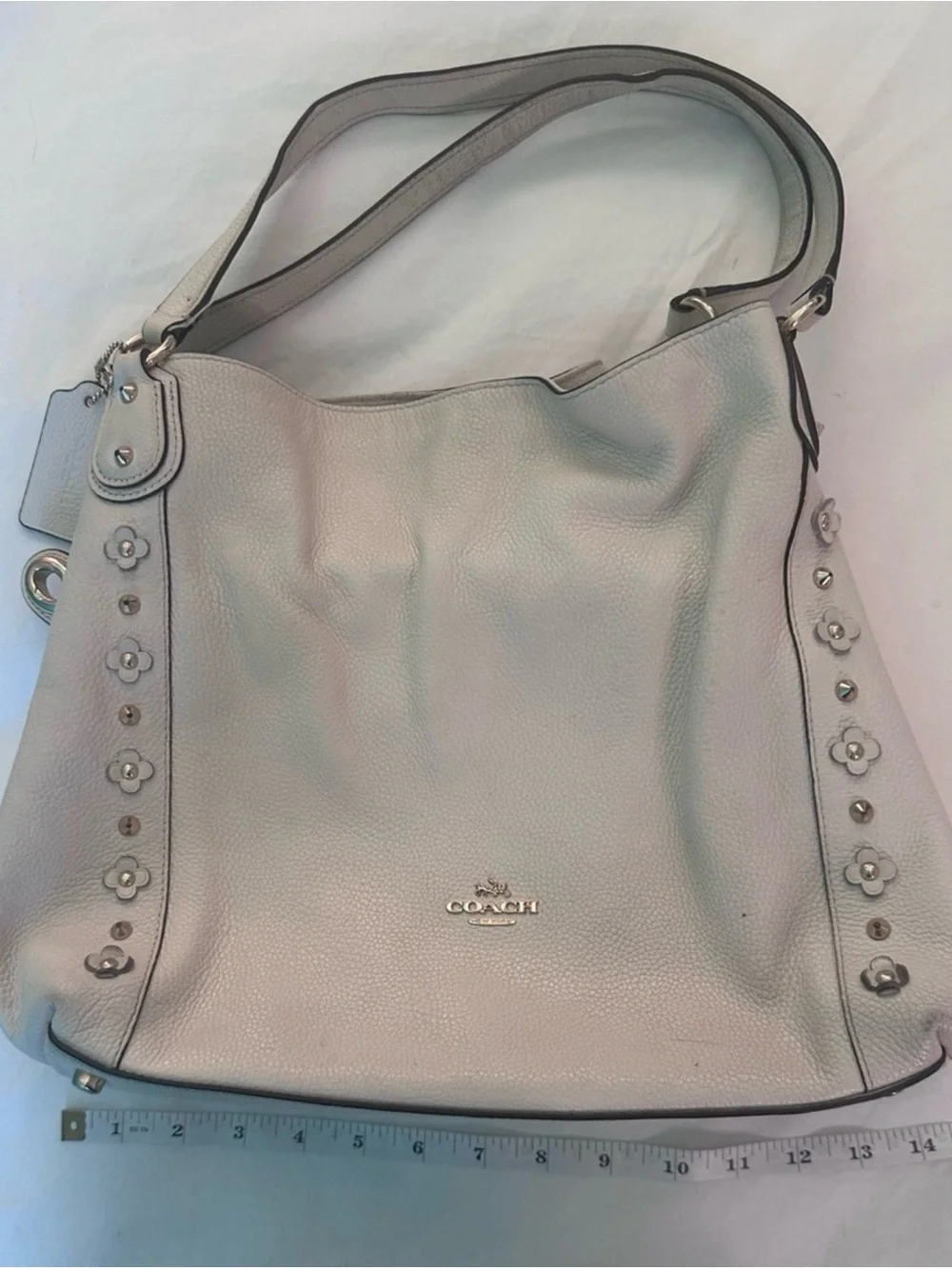 Coach Edie White Pebble Leather Floral Stud Shoulder Tote